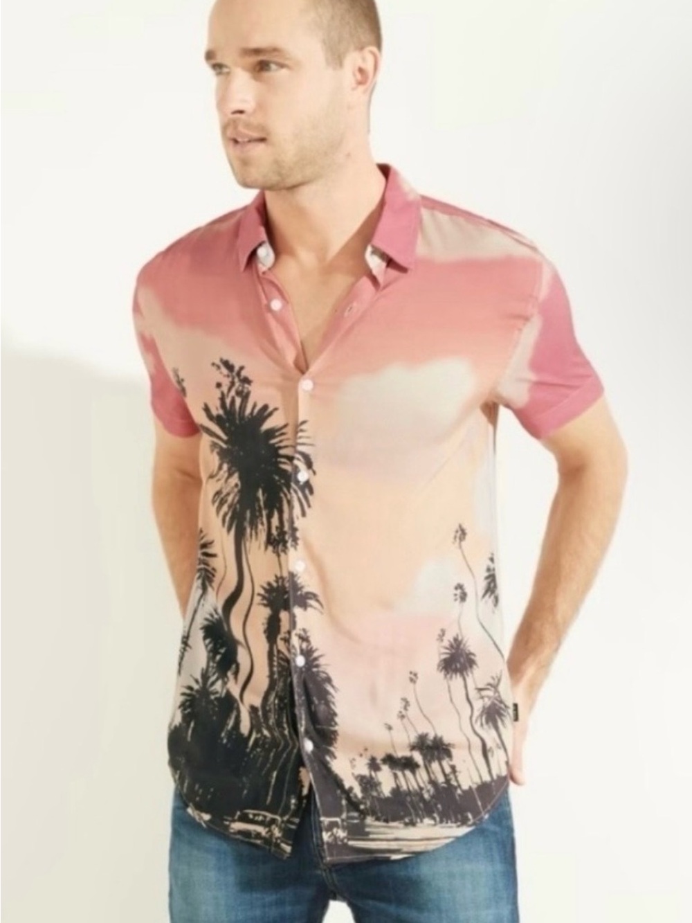 Guess Eco Rayon Men's Short-Sleeve Sunset Palm Button-Down - Pink & Black